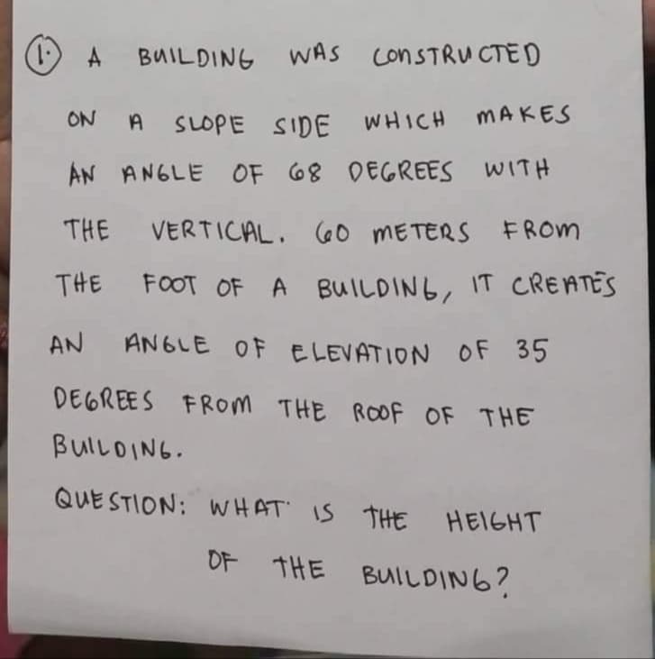 A
BUILDING WAS CONSTRUCTED
ON A SLOPE SIDE WHICH MAKES
AN ANGLE OF 68 DEGREES WITH
THE
VERTICAL. 60 METERS FROM
THE FOOT OF A BUILDING, IT CREATES
AN ANGLE OF ELEVATION OF 35
DEGREES FROM THE ROOF OF THE
BUILDING.
QUESTION: WHAT IS THE HEIGHT
OF THE BUILDING?