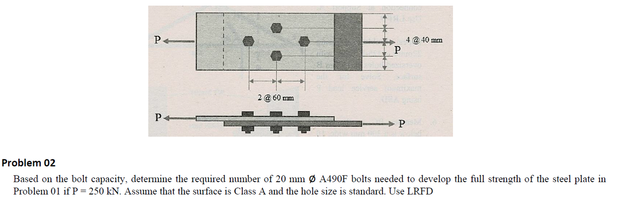 4 @ 40 mm
P
2 @ 60 mm
Problem 02
Based on the bolt capacity, determine the required number of 20 mm Ø A490F bolts needed to develop the full strength of the steel plate in
Problem 01 if P= 250 kN. Assume that the surface is Class A and the hole size is standard. Use LRFD
