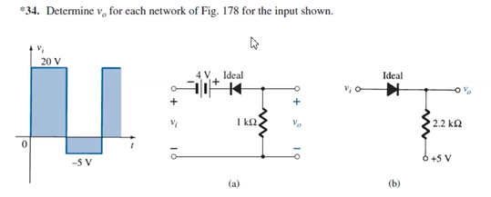 *34. Determine v, for cach network of Fig. 178 for the input shown.
20 V
Ideal
+t
Ideal
+
1 k2,
2.2 k2
-5 V
6 +5 V
(a)
(b)
