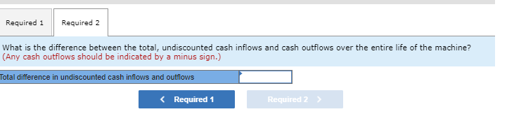 Required 1
Required 2
What is the difference between the total, undiscounted cash inflows and cash outflows over the entire life of the machine?
(Any cash outflows should be indicated by a minus sign.)
Total difference in undiscounted cash inflows and outflows
< Required 1
Required 2 >