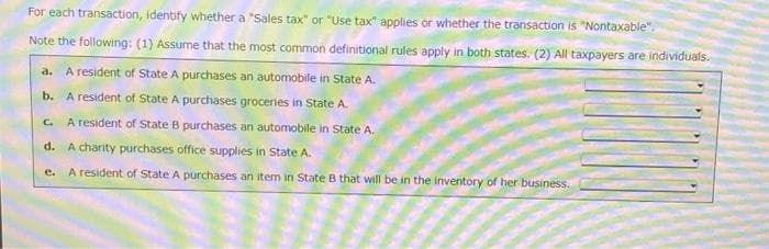 For each transaction, identify whether a "Sales tax" or "Use tax" applies or whether the transaction is "Nontaxable".
Note the following: (1) Assume that the most common definitional rules apply in both states. (2) All taxpayers are individuals.
a. A resident of State A purchases an automobile in State A.
b. A resident of State A purchases groceries in State A.
C A resident of State B purchases an automobile in State A.
d. A charity purchases office supplies in State A.
A resident of State A purchases an item in State B that will be in the inventory of her business.