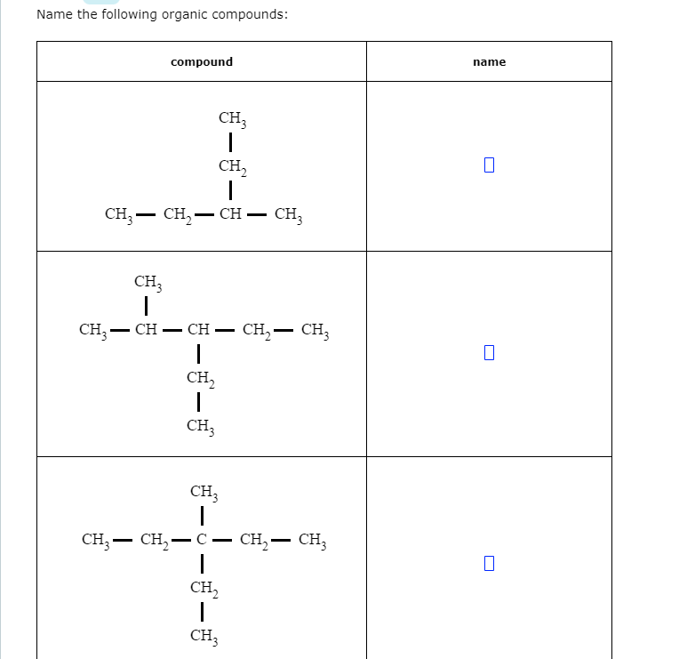 Name the following organic compounds:
compound
name
CH3
CH,
CH, — сH, — сH
CH3
-
CH;
CH; – CH
- CH — сH, — сH,
CH,
CH,
CH,
CH, — сH, — с — сн, — сн,
CH,
CH3
