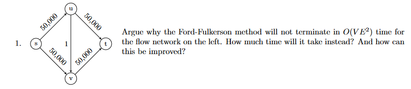 50,000
Argue why the Ford-Fulkerson method will not terminate in O(VE²) time for
50,000
the flow network on the left. How much time will it take instead? And how can
1
this be improved?
1.
50,000
000'0s
