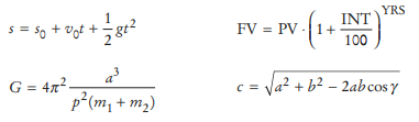 YRS
INT
FV = PV -| 1+
100
s= 50 + vot
G = 4n².
c = ya? + b2 – 2abcos y
p²(m, + m2)
