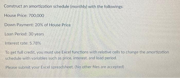 Construct an amortization schedule (monthly) with the followings:
House Price: 700,000
Down Payment: 20% of House Price
Loan Period: 30 years
Interest rate: 5.78%
To get full credit, you must use Excel functions with relative cells to change the amortization
schedule with variables such as price, interest, and load period.
Please submit your Excel spreadsheet. (No other files are accepted)