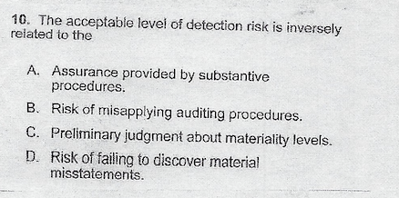 10. The acceptable level of detection risk is inversely
related to the
A. Assurance provided by substantive
procedures.
B. Risk of misapplying auditing procedures.
C. Preliminary judgment about materiality levels.
D. Risk of failing to discover material
misstatements.