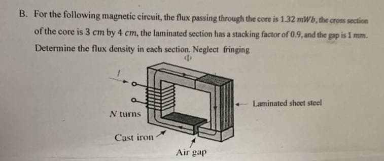B. For the following magnetic circuit, the flux passing through the core is 1.32 mWb, the cross section
of the core is 3 cm by 4 cm, the laminated section has a stacking factor of 0.9, and the gap is 1 mm.
Determine the flux density in each section. Neglect fringing
d
N turns
Cast iron
Air gap
Laminated sheet steel