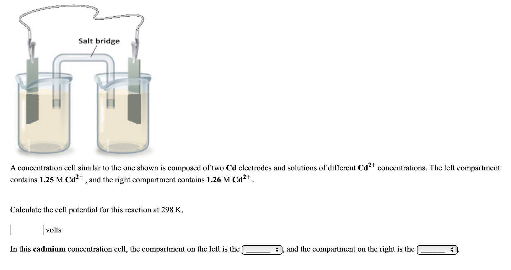 Salt bridge
A concentration cell similar to the one shown is composed of two Cd electrodes and solutions of different Cd2+ concentrations. The left compartment
contains 1.25 M Cd²+ , and the right compartment contains 1.26 M Cd²+ .
Calculate the cell potential for this reaction at 298 K.
volts
In this cadmium concentration cell, the compartment on the left is the
and the compartment on the right is the

