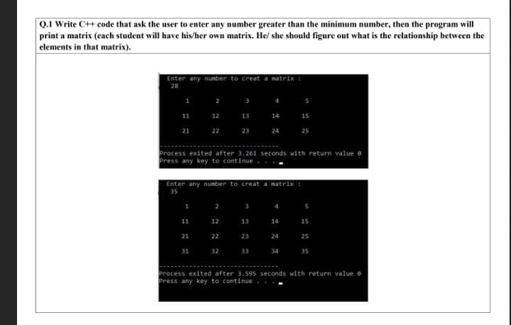 Q.I Write C++ code that ask the user to enter any number greater than the minimum number, then the program will
print a matrix (each student will have his/her own matrix. He/ she should figure out what is the relationship between the
elements in that matrix).
Enter any number to creat a matrix :
28
1
2
5
11 12
13
14
15
22
23
24
25
Process exited after 3.261 seconds with return value e
Press any key to continue
Enter any number to creat a matrix :
35
1
4
11
12
13
14
15
21
22
23
24
25
31
32
33
34
35
Process exited after 3.595 seconds with return value e
Press any key to continue
