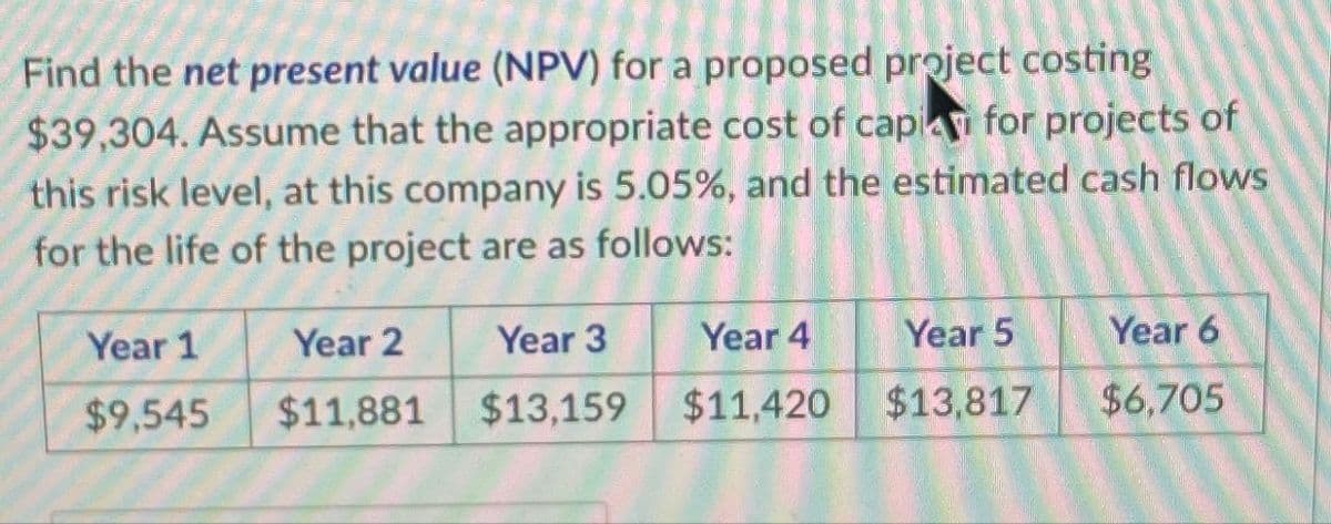 Find the net present value (NPV) for a proposed project costing
$39,304. Assume that the appropriate cost of cap
for projects of
this risk level, at this company is 5.05%, and the estimated cash flows
for the life of the project are as follows:
Year 1
$9,545
Year 2
Year 3
Year 4
Year 5
Year 6
$11,881
$13.159
$11,420
$13,817
$6,705