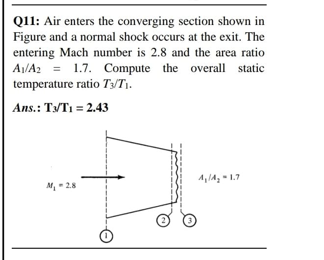 Q11: Air enters the converging section shown in
Figure and a normal shock occurs at the exit. The
entering Mach number is 2.8 and the area ratio
1.7. Compute the overall static
A1/A2 =
temperature ratio T3/T1.
Ans.: T3/T1 = 2.43
A,|A, = 1.7
M = 2.8
