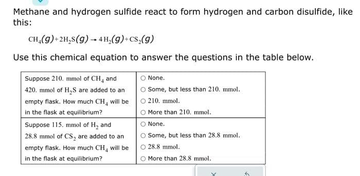 Methane and hydrogen sulfide react to form hydrogen and carbon disulfide, like
this:
CH₂(g) + 2H₂S(g) → 4H₂(g)+CS₂(g)
Use this chemical equation to answer the questions in the table below.
Suppose 210. mmol of CH4 and
420. mmol of H₂S are added to an
empty flask. How much CH will be
in the flask at equilibrium?
Suppose 115. mmol of H₂ and
28.8 mmol of CS₂ are added to an
empty flask. How much CH will be
in the flask at equilibrium?
None.
Some, but less than 210. mmol.
O 210. mmol.
More than 210. mmol.
None.
Some, but less than 28.8 mmol.
28.8 mmol.
O More than 28.8 mmol.