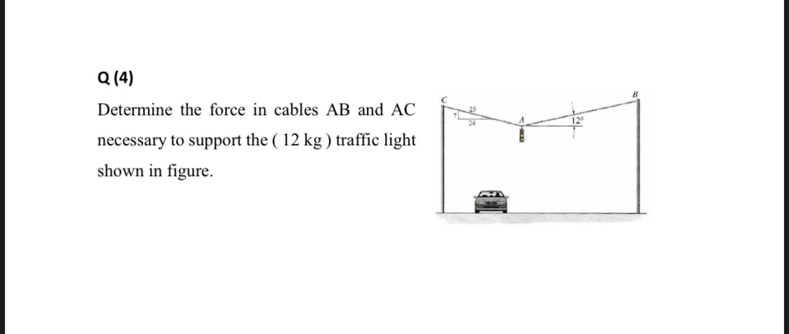 Q (4)
Determine the force in cables AB and AC
necessary to support the ( 12 kg ) traffic light
shown in figure.
