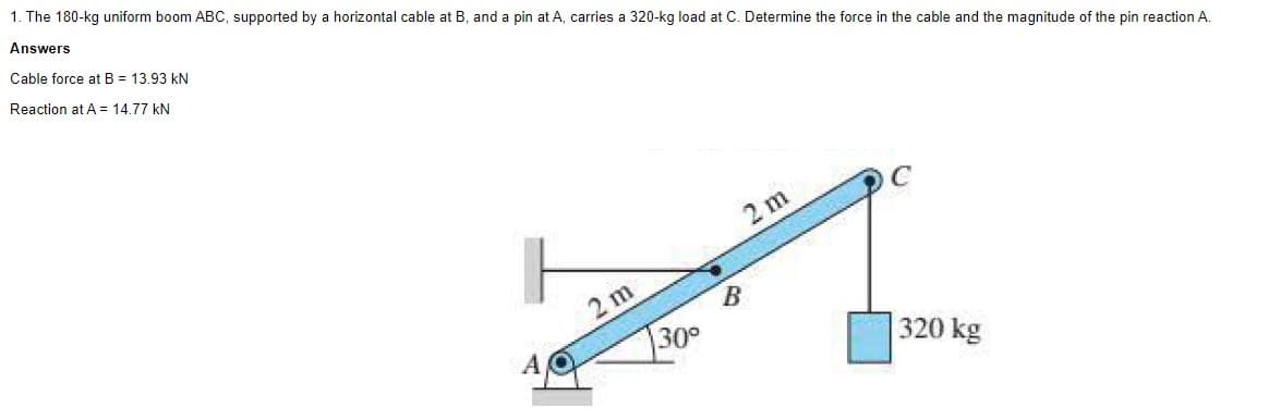1. The 180-kg uniform boom ABC, supported by a horizontal cable at B, and a pin at A, carries a 320-kg load at C. Determine the force in the cable and the magnitude of the pin reaction A.
Answers
Cable force at B = 13.93 kN
Reaction at A = 14.77 kN
2 m
30°
2 m
B
с
320 kg
