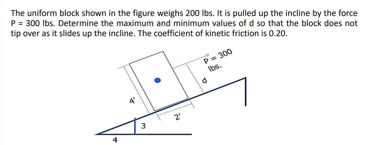 The uniform block shown in the figure weighs 200 lbs. It is pulled up the incline by the force
P = 300 lbs. Determine the maximum and minimum values of d so that the block does not
tip over as it slides up the incline. The coefficient of kinetic friction is 0.20.
4
LLL
d
A'
2'
3
P = 300
lbs.