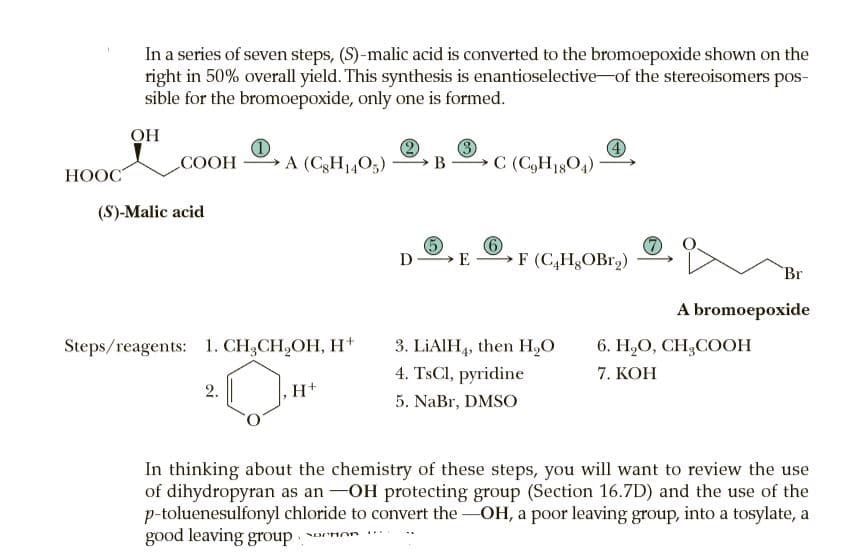 In a series of seven steps, (S)-malic acid is converted to the bromoepoxide shown on the
right in 50% overall yield. This synthesis is enantioselective-of the stereoisomers pos-
sible for the bromoepoxide, only one is formed.
OH
COOH
A (CgH1405)
C (C,H1804)
НООС
(S)-Malic acid
D
→E
F (C,H,OBr2)
Br
A bromoepoxide
3. LIAIH4, then H,O
4. TSCI, pyridine
5. NaBr, DMSO
Steps/reagents: 1. CH,CH,OH, H+
6. Н.О, СH,COOН
7. KOH
2.
H+
In thinking about the chemistry of these steps, you will want to review the use
of dihydropyran as an -OH protecting group (Section 16.7D) and the use of the
p-toluenesulfonyl chloride to convert the -OH, a poor leaving group, into a tosylate, a
good leaving group non
