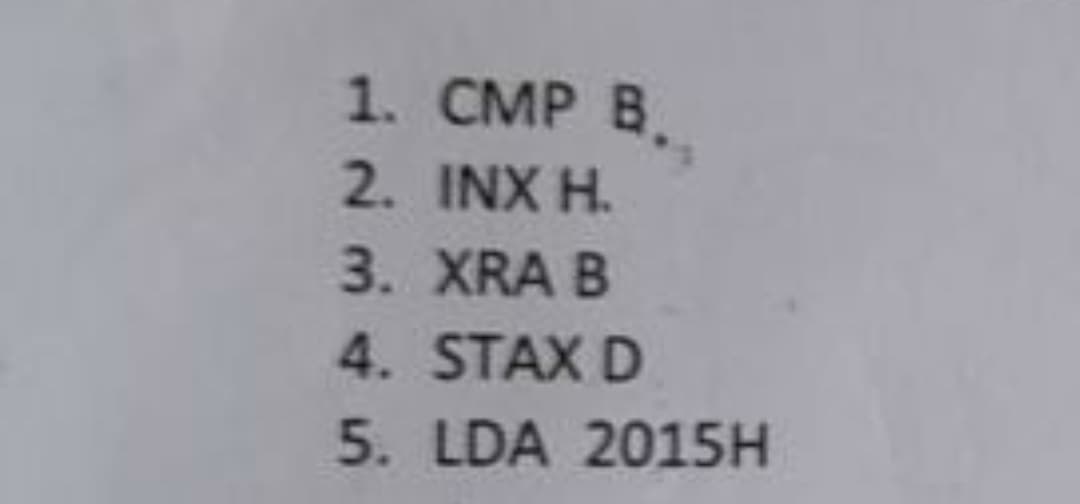 1. CMP B.
2. INX H.
3. XRA B
4. STAX D
5. LDA 2015H
