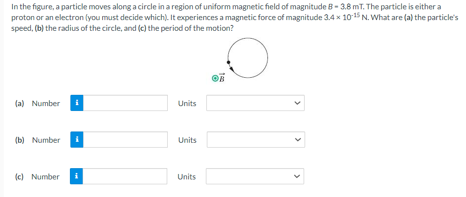 In the figure, a particle moves along a circle in a region of uniform magnetic field of magnitude B = 3.8 mT. The particle is either a
proton or an electron (you must decide which). It experiences a magnetic force of magnitude 3.4 x 10-15 N. What are (a) the particle's
speed, (b) the radius of the circle, and (c) the period of the motion?
(a) Number i
(b) Number i
(c) Number
i
Units
Units
Units
OB
<
<