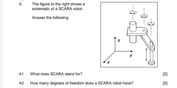 The figure to the right shows a
schematic of a SCARA robot.
A
Answer the following:
A1
What does SCARA stand for?
(2]
A2 How many degrees of freedom does a SCARA robot have?
(2]
