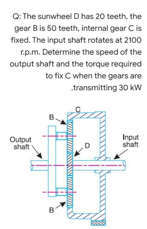Q: The sunwheel D has 20 teeth, the
gear B is 50 teeth, internal gear C is
fixed. The input shaft rotates at 2100
r.p.m. Determine the speed of the
output shaft and the torque required
to fix C when the gears are
.transmitting 30 kW
Output
shaft
Input
shaft
