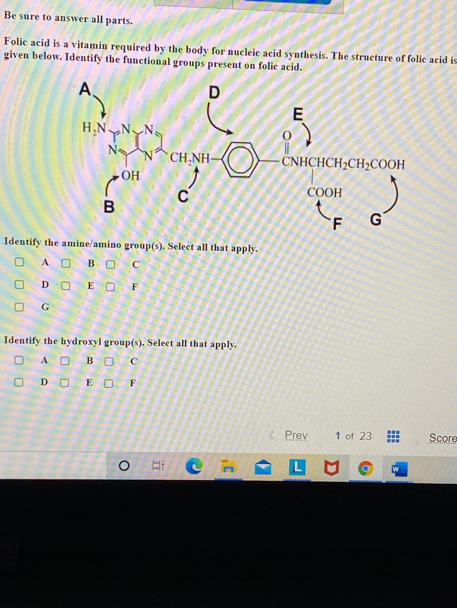 Be sure to answer all parts.
Folic acid is a vitamin required by the body for nucleic acid synthesis. The structure of folic acid is
given below. Identify the functional groups present on folic acid.
А
E
N-
CH,NH
CNHCHCH2CH2COOH
ОН
СООН
В
G
F.
Identify the amine/amino group(s). Select all that apply.
A O
B O C
D O
E O F
G
Identify the hydroxyl group(s). Select all that apply.
A O
в ос
D OE O F
Prev
1 of 23
Score
O O O
