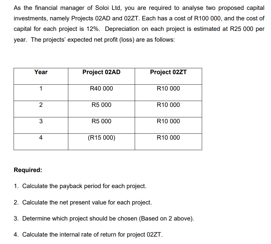 As the financial manager of Soloi Ltd, you are required to analyse two proposed capital
investments, namely Projects 02AD and 02ZT. Each has a cost of R100 000, and the cost of
capital for each project is 12%. Depreciation on each project is estimated at R25 000 per
year. The projects' expected net profit (loss) are as follows:
Year
1
2
3
4
Project 02AD
R40 000
R5 000
R5 000
(R15 000)
Project 02ZT
R10 000
R10 000
R10 000
R10 000
Required:
1. Calculate the payback period for each project.
2. Calculate the net present value for each project.
3. Determine which project should be chosen (Based on 2 above).
4. Calculate the internal rate of return for project 02ZT.