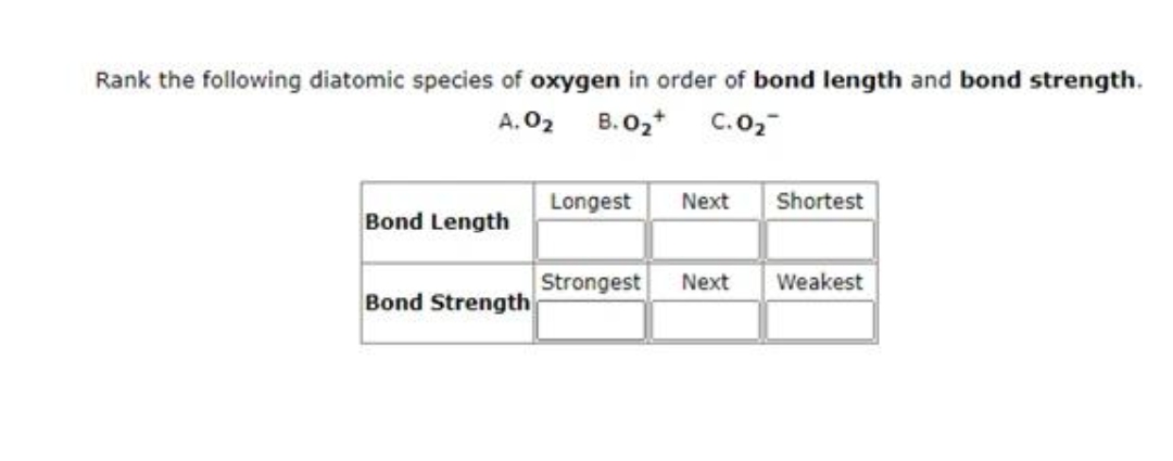 Rank the following diatomic species of oxygen in order of bond length and bond strength.
A. 02
B.02+ C.02-
Longest
Next
Shortest
Bond Length
Strongest
Next
Weakest
Bond Strength

