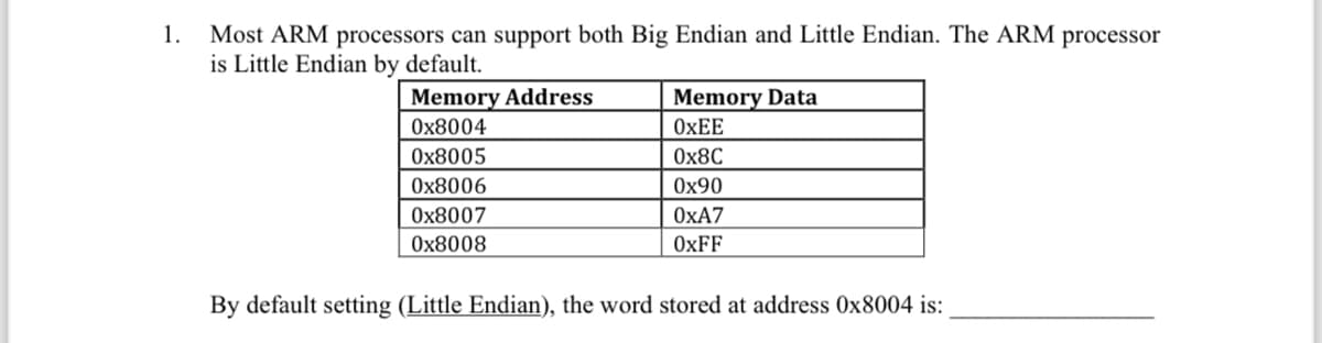1. Most ARM processors can support both Big Endian and Little Endian. The ARM processor
is Little Endian by default.
Memory Address
0x8004
0x8005
0x8006
0x8007
0x8008
Memory Data
OXEE
0x8C
0x90
OxA7
OxFF
By default setting (Little Endian), the word stored at address 0x8004 is: