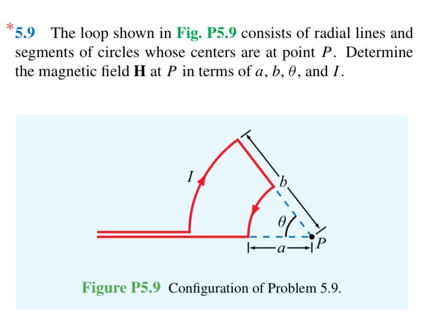 *5.9 The loop shown in Fig. P5.9 consists of radial lines and
segments of circles whose centers are at point P. Determine
the magnetic field H at P in terms of a, b, 0, and I.
a
Figure P5.9 Configuration of Problem 5.9.