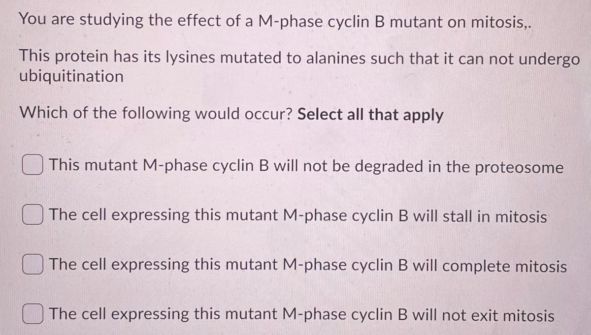 You are studying the effect of a M-phase cyclin B mutant on mitosis,.
This protein has its lysines mutated to alanines such that it can not undergo
ubiquitination
Which of the following would occur? Select all that apply
This mutant M-phase cyclin B will not be degraded in the proteosome
The cell expressing this mutant M-phase cyclin B will stall in mitosis
The cell expressing this mutant M-phase cyclin B will complete mitosis
The cell expressing this mutant M-phase cyclin B will not exit mitosis
