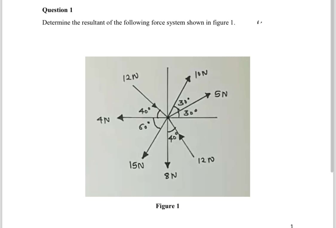 Question 1
Determine the resultant of the following force system shown in figure 1.
120
ION
4N
40°
30°
5N
30°
60°
15N
1210
8N
Figure 1