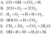 A. CO+OH → CO₂ +H.
B. 2C0+0₂ → 2CO₂.
C. H₂+O₂ →H+H+O₂.
HOCO→H+CO,.
D.
E. CH4 +20₂ → CO₂ + 2H₂O.
F. OH+H+M → H₂O + M.