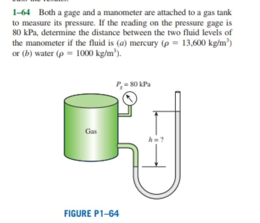 1-64 Both a gage and a manometer are attached to a gas tank
to measure its pressure. If the reading on the pressure gage is
80 kPa, determine the distance between the two fluid levels of
the manometer if the fluid is (a) mercury (p = 13,600 kg/m³)
or (b) water (p = 1000 kg/m').
P, = 80 kPa
Gas
h = ?
FIGURE P1-64
