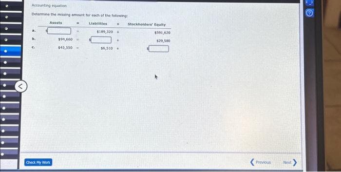 1.LLLLL
Accounting equation
Determine the missing amount for each of the following:
Assets
Liabilities
a.
b.
C.
Check My Work
$94,660
$45,550
+ Stockholders' Equity
$189,320 +
$6,510 +
$591,620
$29,580
Previous
Next