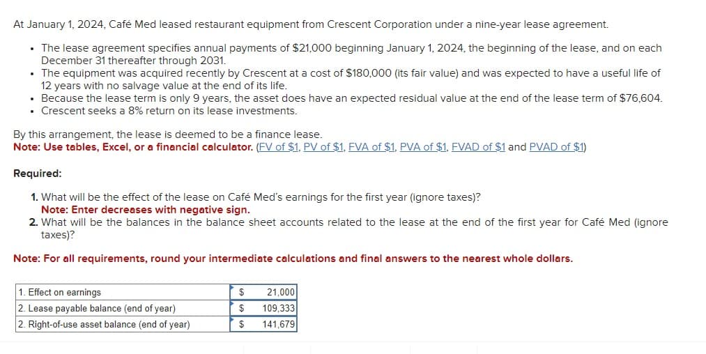 At January 1, 2024, Café Med leased restaurant equipment from Crescent Corporation under a nine-year lease agreement.
• The lease agreement specifies annual payments of $21,000 beginning January 1, 2024, the beginning of the lease, and on each
December 31 thereafter through 2031.
• The equipment was acquired recently by Crescent at a cost of $180,000 (its fair value) and was expected to have a useful life of
12 years with no salvage value at the end of its life.
• Because the lease term is only 9 years, the asset does have an expected residual value at the end of the lease term of $76,604.
• Crescent seeks a 8% return on its lease investments.
By this arrangement, the lease is deemed to be a finance lease.
Note: Use tables, Excel, or a financial calculator. (FV of $1, PV of $1, FVA of $1, PVA of $1, FVAD of $1 and PVAD of $1)
Required:
1. What will be the effect of the lease on Café Med's earnings for the first year (ignore taxes)?
Note: Enter decreases with negative sign.
2. What will be the balances in the balance sheet accounts related to the lease at the end of the first year for Café Med (ignore
taxes)?
Note: For all requirements, round your intermediate calculations and final answers to the nearest whole dollars.
1. Effect on earnings
2. Lease payable balance (end of year)
2. Right-of-use asset balance (end of year)
$
$
$
21,000
109,333
141,679