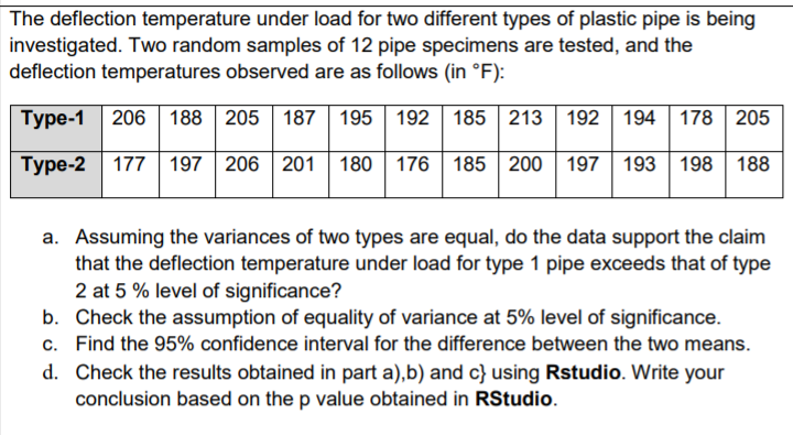 The deflection temperature under load for two different types of plastic pipe is being
investigated. Two random samples of 12 pipe specimens are tested, and the
deflection temperatures observed are as follows (in °F):
Type-1 206 188 205 187 195| 192 | 185 213 192 194| 178 205
Type-2 177 197 206 201 180 | 176 | 185 200 | 197 193 198| 188
a. Assuming the variances of two types are equal, do the data support the claim
that the deflection temperature under load for type 1 pipe exceeds that of type
2 at 5 % level of significance?
b. Check the assumption of equality of variance at 5% level of significance.
c. Find the 95% confidence interval for the difference between the two means.
d. Check the results obtained in part a),b) and c} using Rstudio. Write your
conclusion based on the p value obtained in RStudio.
