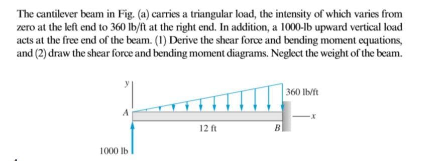 The cantilever beam in Fig. (a) carries a triangular load, the intensity of which varies from
zero at the left end to 360 lb/ft at the right end. In addition, a 1000-lb upward vertical load
acts at the free end of the beam. (1) Derive the shear force and bending moment equations,
and (2) draw the shear force and bending moment diagrams. Neglect the weight of the beam.
360 lb/ft
12 ft
B
1000 lb
