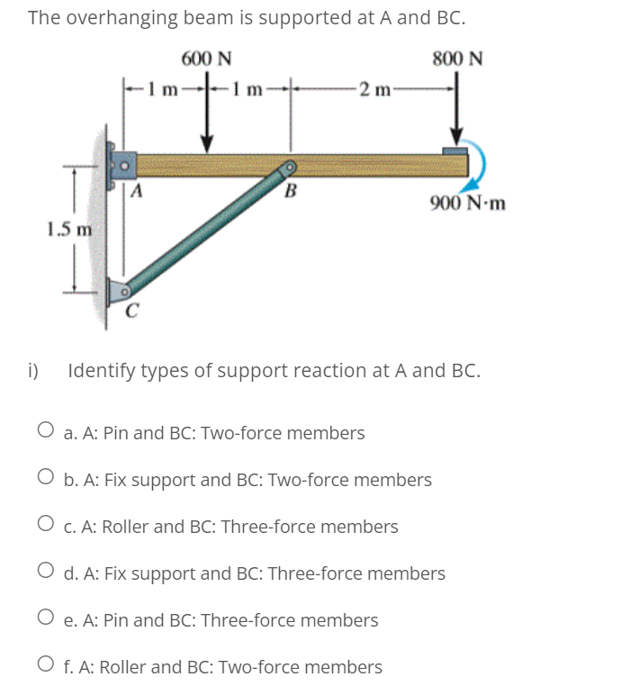 The overhanging beam is supported at A and BC.
600 N
800 N
-2 m-
| A
B
900 N-m
1.5 m
C
i)
Identify types of support reaction at A and BC.
O a. A: Pin and BC: Two-force members
O b. A: Fix support and BC: Two-force members
O c. A: Roller and BC: Three-force members
O d. A: Fix support and BC: Three-force members
O e. A: Pin and BC: Three-force members
O f. A: Roller and BC: Two-force members
