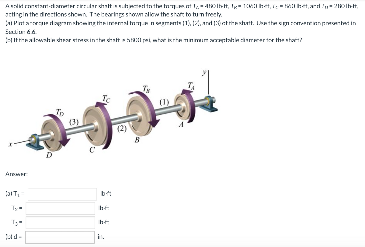 A solid constant-diameter circular shaft is subjected to the torques of TA = 480 lb-ft, TB = 1060 lb-ft, Tc= 860 lb-ft, and Tp = 280 lb-ft,
acting in the directions shown. The bearings shown allow the shaft to turn freely.
(a) Plot a torque diagram showing the internal torque in segments (1), (2), and (3) of the shaft. Use the sign convention presented in
%D
Section 6.6.
(b) If the allowable shear stress in the shaft is 5800 psi, what is the minimum acceptable diameter for the shaft?
TB
TA
Tc
(1)
Tp
(3)
В
C
D
Answer:
(a) T1 =
Ib-ft
T2 =
Ib-ft
T3 =
Ib-ft
(b) d =
in.
