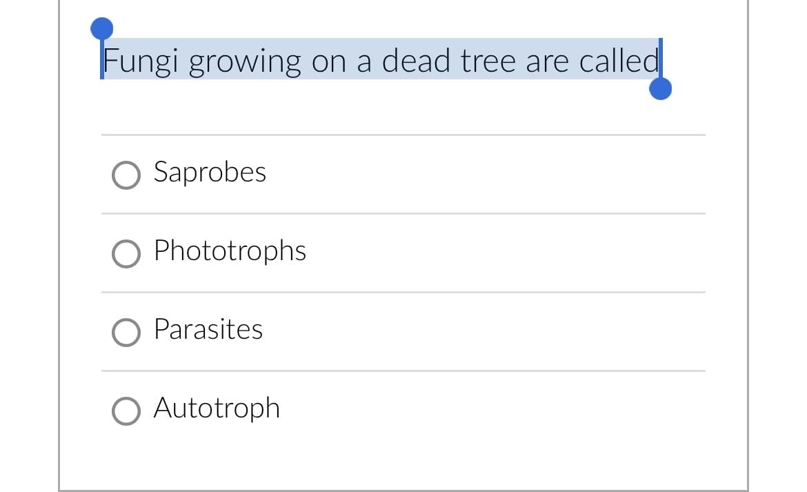 Fungi growing on a dead tree are called
O Saprobes
Phototrophs
O Parasites
O Autotroph