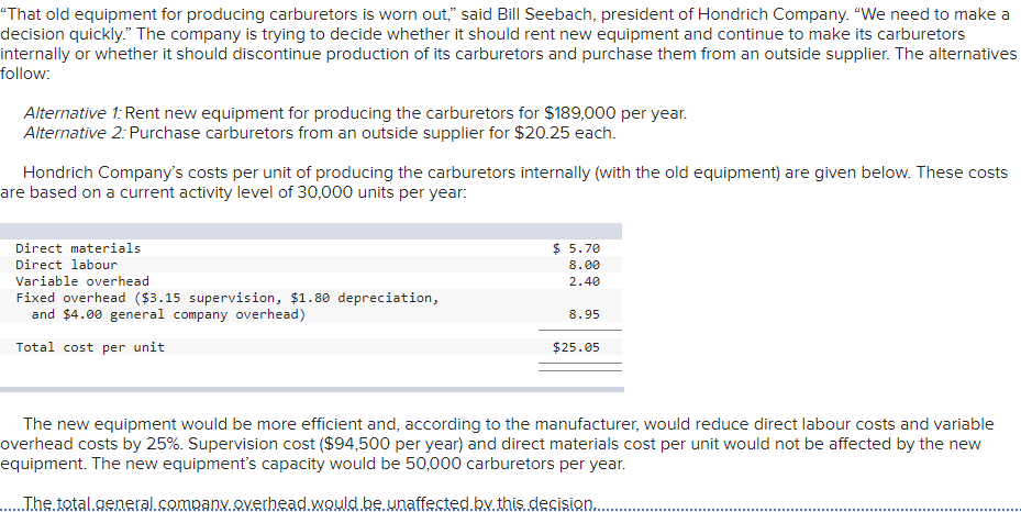 “That old equipment for producing carburetors is worn out," said Bill Seebach, president of Hondrich Company. "We need to make a
decision quickly." The company is trying to decide whether it should rent new equipment and continue to make its carburetors
internally or whether it should discontinue production of its carburetors and purchase them from an outside supplier. The alternatives
follow:
Alternative 1: Rent new equipment for producing the carburetors for $189,000 per year.
Alternative 2: Purchase carburetors from an outside supplier for $20.25 each.
Hondrich Company's costs per unit of producing the carburetors internally (with the old equipment) are given below. These costs
are based on a current activity level of 30,000 units per year:
Direct materials
$ 5.70
8.00
Direct labour
Variable overhead
2.40
Fixed overhead ($3.15 supervision, $1.80 depreciation,
and $4.00 general company overhead)
8.95
Total cost per unit
$25.05
The new equipment would be more efficient and, according to the manufacturer, would reduce direct labour costs and variable
overhead costs by 25%. Supervision cost ($94,500 per year) and direct materials cost per unit would not be affected by the new
equipment. The new equipment's capacity would be 50,000 carburetors per year.
„The total.general.company overhead wouldbe unaffected bv.this decision..
