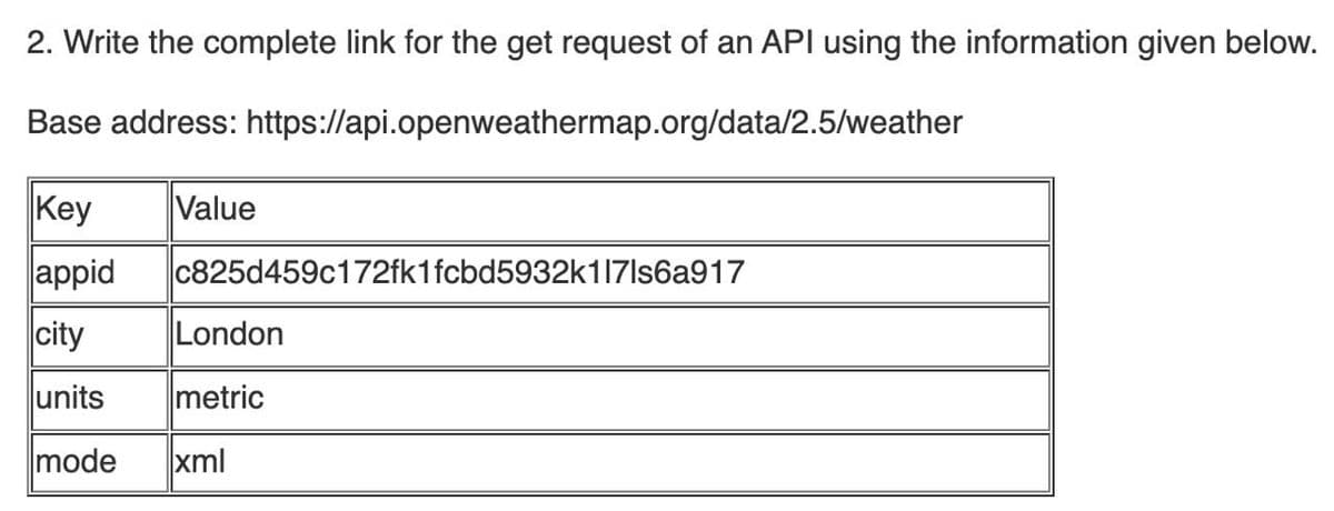 2. Write the complete link for the get request of an API using the information given below.
Base address: https://api.openweathermap.org/data/2.5/weather
Key
Value
appid
c825d459c172fk1fcbd5932k117Is6a917
city
London
units
metric
mode
xml
