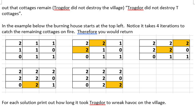 out that cottages remain (Trogdor did not destroy the village) "Trogdor did not destroy T
cottages".
In the example below the burning house starts at the top left. Notice it takes 4 iterations to
catch the remaining cottages on fire. Therefore you would return
2
1
0
2
2
0
1
1
1
2
2
2
1
0
1
2
0
1
2
2
0
2
2
0
2
TIN
1
1
2
2
2
1
0
1
2
0
2
2
2
0
For each solution print out how long it took Trogdor to wreak havoc on the village.
2
2
IN
1
2
0
1