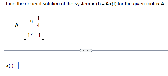 Find the general solution of the system x'(t) = Ax(t) for the given matrix A.
A =
x(t) =
1
4
17 1
9