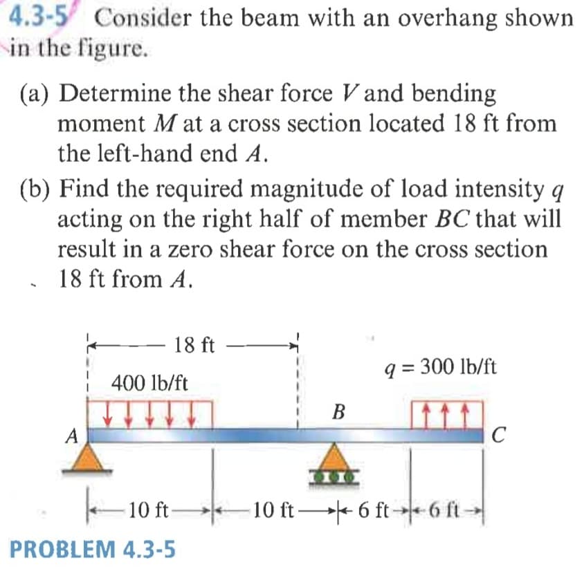 4.3-5 Consider the beam with an overhang shown
in the figure.
(a) Determine the shear force Vand bending
moment M at a cross section located 18 ft from
the left-hand end A.
(b) Find the required magnitude of load intensity q
acting on the right half of member BC that will
result in a zero shear force on the cross section
18 ft from A.
18 ft
q = 300 lb/ft
400 lb/ft
В
A
10 ft-
10 ft- 6 ft6 ft-
PROBLEM 4.3-5
