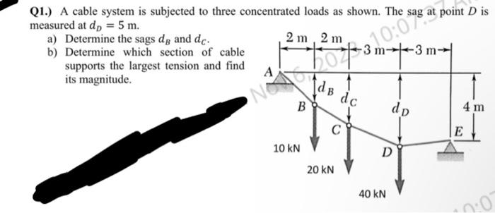 Q1.) A cable system is subjected to three concentrated loads as shown. The sag at point D is
measured at dp = 5 m.
a) Determine the sags dg and dc.
b) Determine which section of cable
supports the largest tension and find
its magnitude.
m-3m-
1073, 10:0948 an
A
2 m, 2 m
B
10 kN
dB
dc
C
20 KN
D
40 kN
dp
4 m
E
0:07