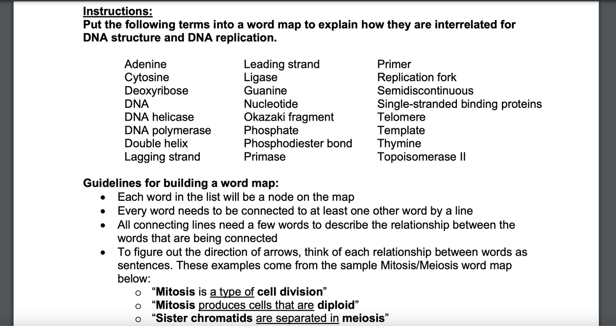 Instructions:
Put the following terms into a word map to explain how they are interrelated for
DNA structure and DNA replication.
Adenine
Cytosine
Deoxyribose
DNA
DNA helicase
DNA polymerase
Double helix
Lagging strand
Leading strand
Ligase
Guanine
Nucleotide
Okazaki fragment
Phosphate
Phosphodiester bond
Primase
Guidelines for building a word map:
Primer
Replication fork
Semidiscontinuous
Single-stranded binding proteins
Telomere
Template
Thymine
Topoisomerase II
Each word in the list will be a node on the map
Every word needs to be connected to at least one other word by a line
All connecting lines need a few words to describe the relationship between the
words that are being connected
To figure out the direction of arrows, think of each relationship between words as
sentences. These examples come from the sample Mitosis/Meiosis word map
below:
o "Mitosis is a type of cell division"
o "Mitosis produces cells that are diploid"
"Sister chromatids are separated in meiosis"