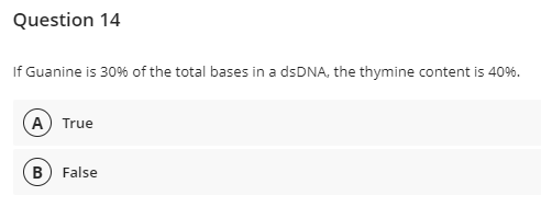 Question 14
If Guanine is 30% of the total bases in a dsDNA, the thymine content is 40%.
A) True
B) False
