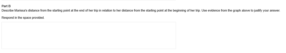 Part B
Describe Marissa's distance from the starting point at the end of her trip in relation to her distance from the starting point at the beginning of her trip. Use evidence from the graph above to justify your answer.
Respond in the space provided.
