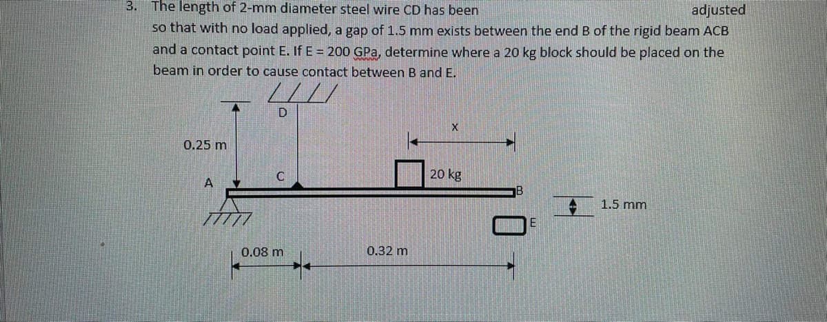 3.
The length of 2-mm diameter steel wire CD has been
adjusted
so that with no load applied, a gap of 1.5 mm exists between the end B of the rigid beam ACB
and a contact point E. If E = 200 GPa, determine where a 20 kg block should be placed on the
beam in order to cause contact between B and E.
D
X
0.25 m
20 kg
A
1.5 mm
C
0.08 m
0.32 m
E